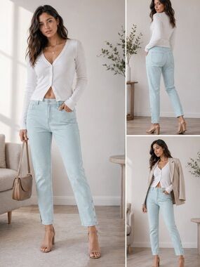 Chico’s So Slimming Girlfriend Ankle Jeans Pastel Blue Green Side Button Hem 4P